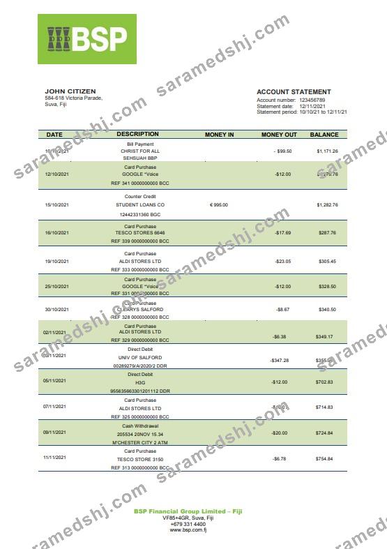 Fiji Bank of South Pacific bank statement template, Word and PDF format